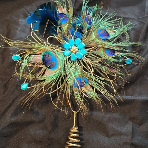 Art Deco Style PEACOCK Feathers Tree Topper w/ Gold & Glitter - Picture 1 of 5